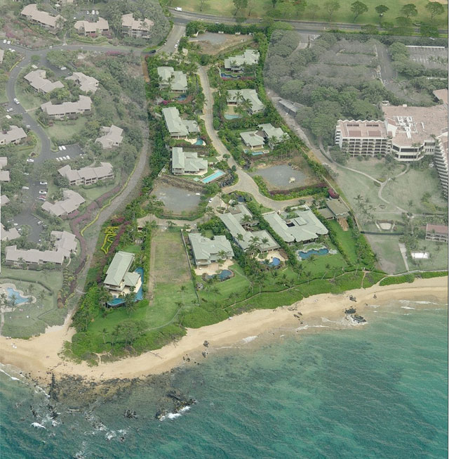 Aerial photo showing the beachfront portion of the Maluhia enclave.